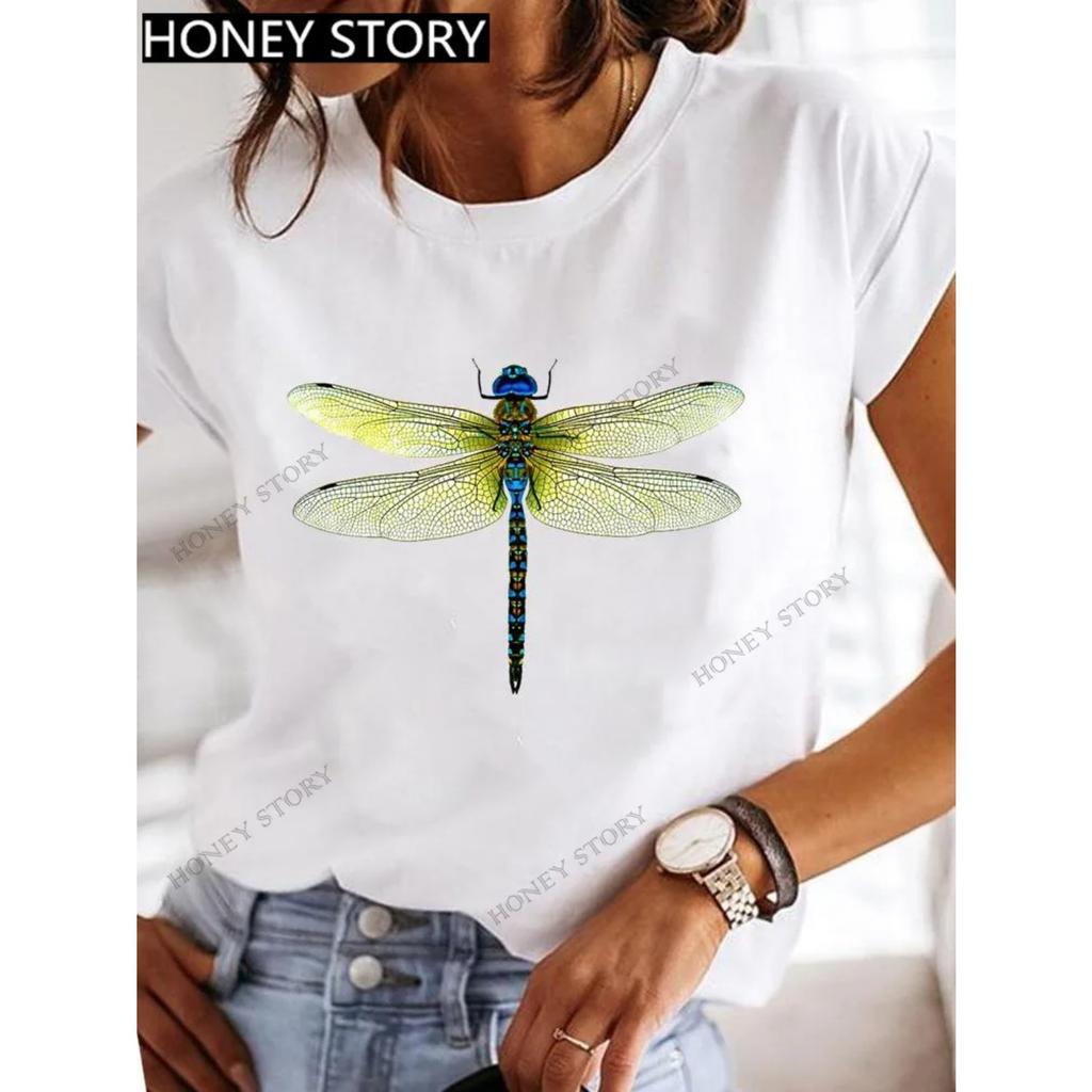 Dragonfly Butterfly Print Blouse Loose Women's Short-sleeved T-shirt Round Neck Casual Fashion Daily