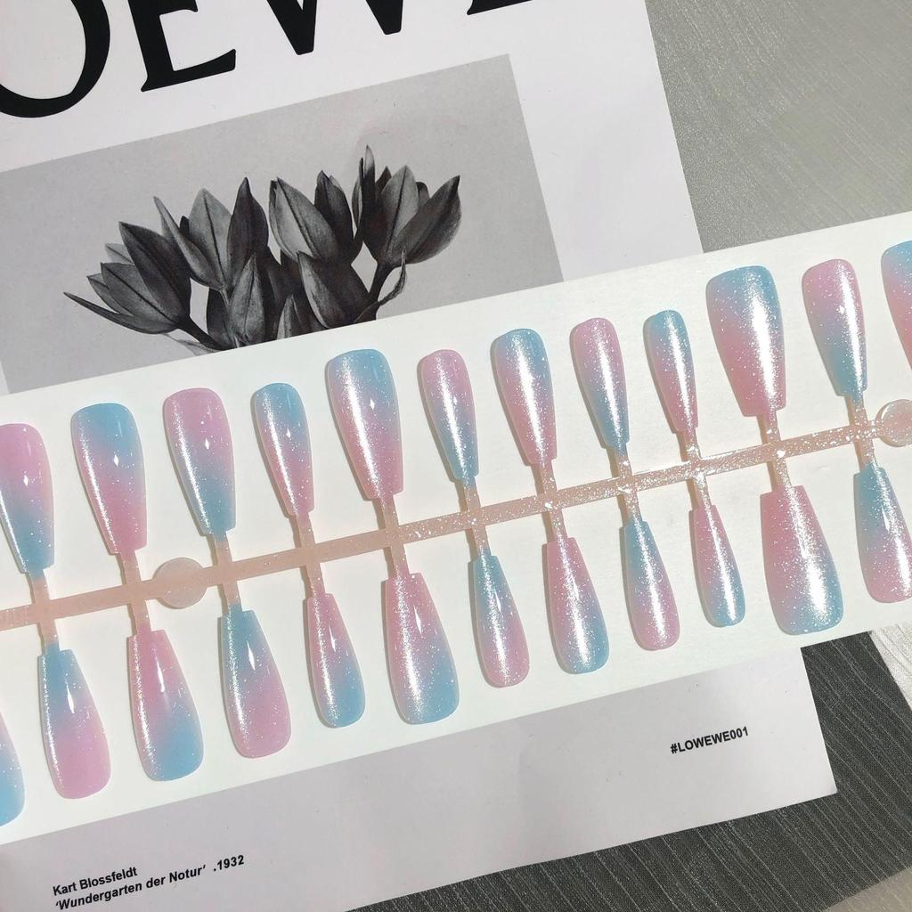 Two-Tone Crystal Cat Eye Handmade Long Press-On Nails [30 Pieces]