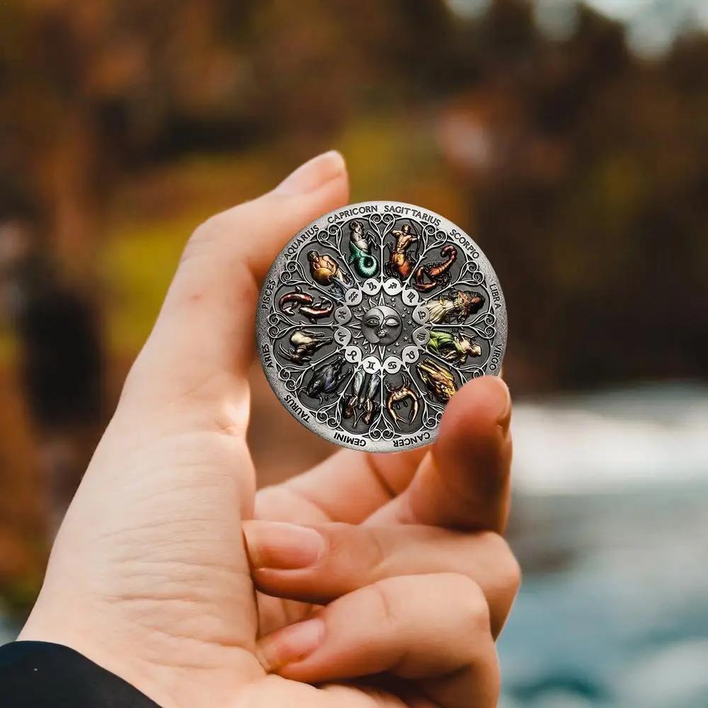 Серебряная монета «Двенадцать созвездий», Тувалу, старинная серебряная монета с высоким рельефом, красочные сувенирные монеты, коллекционная подарочная монета