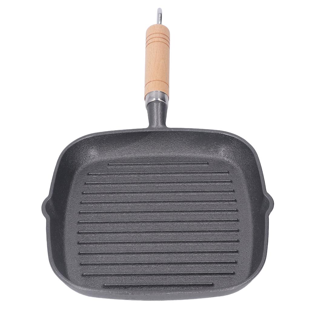 Grill Pan Multipurpose Prevents Stick Quadrate Cast Iron Steak Pan with Wooden Handle for Bacon