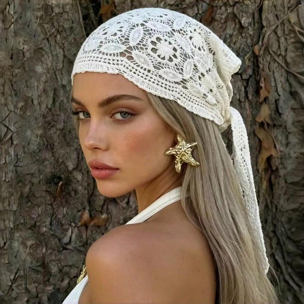 1pc Bohemian Floral Knitted Lace Crochet Headscarf Breathable Sun Protection Headscarf Suitable For Beach Vacation Daily Wear