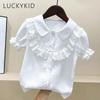 Летняя детская одежда, милые кружевные повседневные топы с короткими рукавами, блузка для детей, модные однотонные рубашки с отложным воротником для девочек