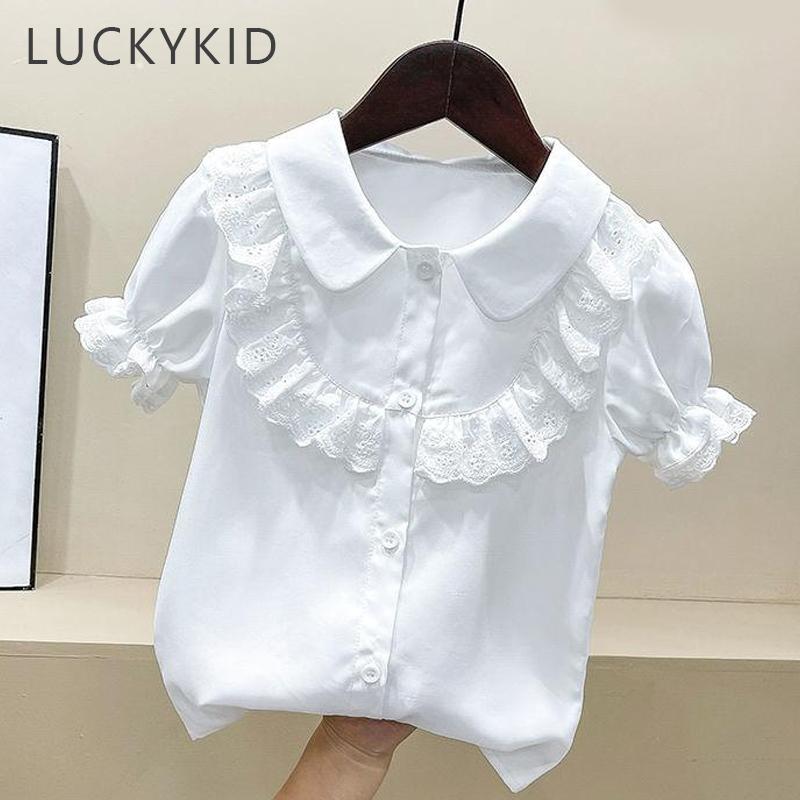 Летняя детская одежда, милые кружевные повседневные топы с короткими рукавами, блузка для детей, модные однотонные рубашки с отложным воротником для девочек
