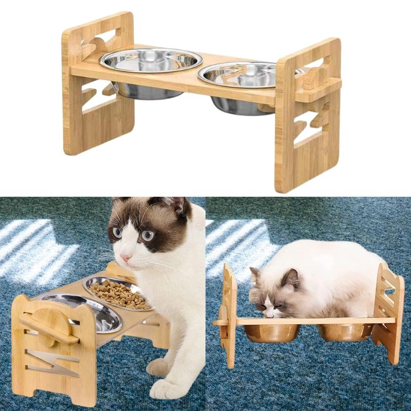 Overhead Dog Cats Feeders Regulable Wooden Stand With Stainless Steel Bowl for Healths Postures Cats And Small Dogs