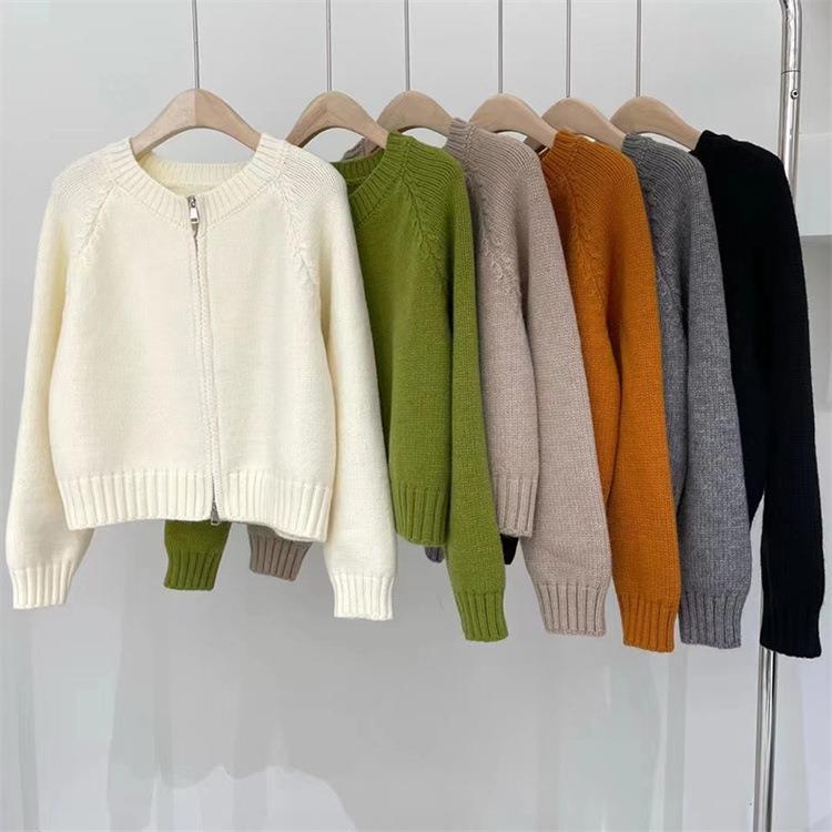 Korean Style Short Solid Color Knitted Sweater for Women New Double Zipper Knitted Cardigan Top