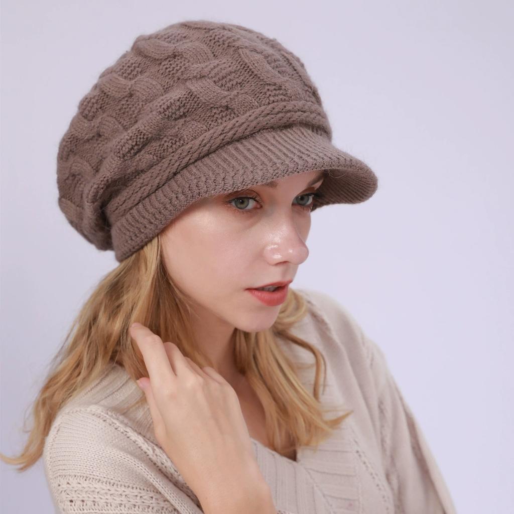 Women's Winter Cable Knit Hat with Fleece Lining, Fashion Beret & Peaked Cap Style, Thickened Warm Beanie for Cold Weather