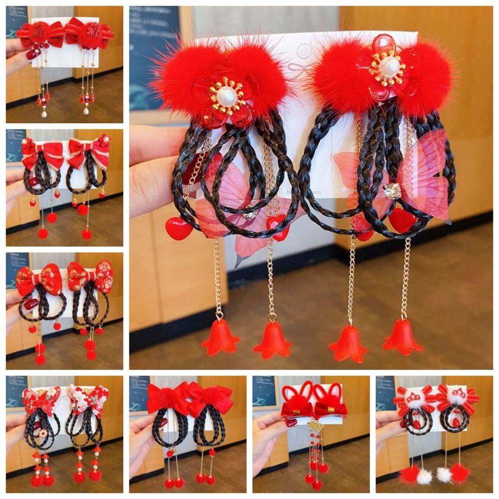 2 шт. головной убор ханьфу, новогодний головной убор в китайском стиле, красный парик, заколка для волос, детская заколка для волос