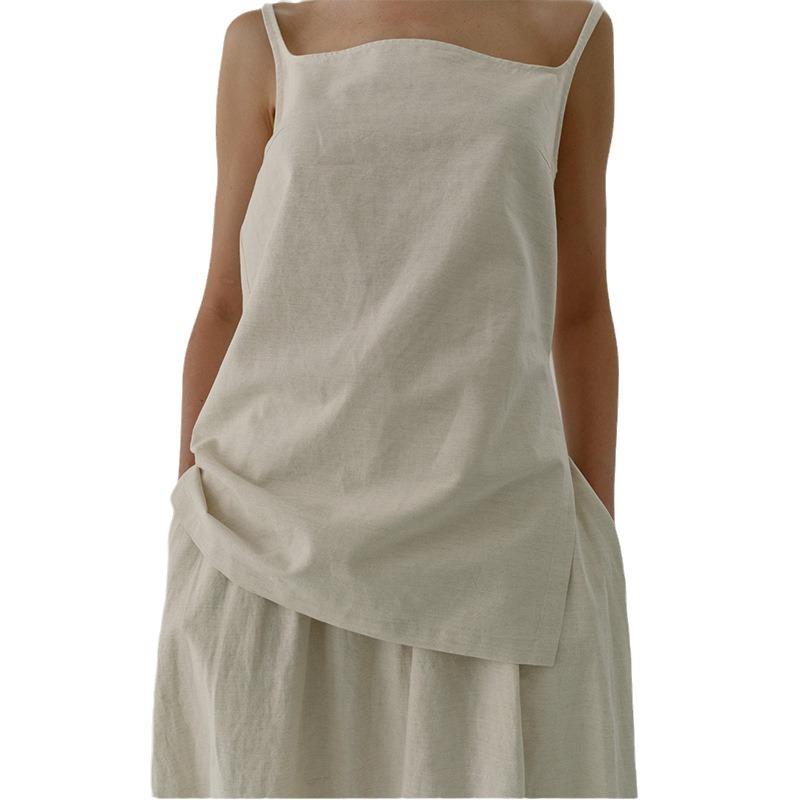 Summer new cotton and linen sling vest French casual sleeveless loose and comfortable zipper top, square neck shirt outside