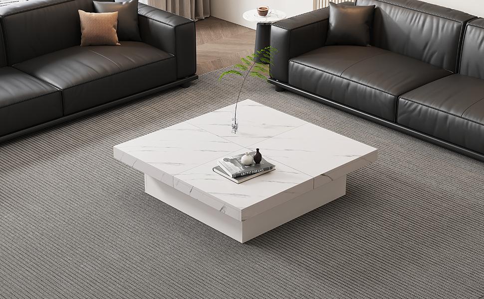 Modern White Square Coffee Table with Marble Look, 90 x 90 x 25 cm – Four Drawers, Sliding Tabletop, Load Capacity up to 30 kg