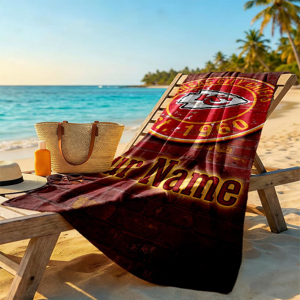 Kansas City Football Personalized Name Beach Towel Super Soft Absorbent Perfect For Traveling Yoga Camping And Swimming
