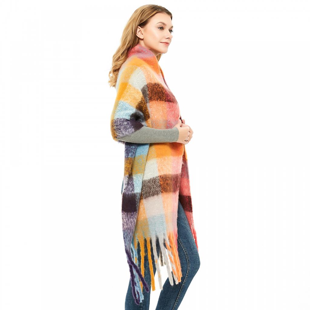 Осенне-зимний толстый клетчатый шарф с кисточками, женская шаль