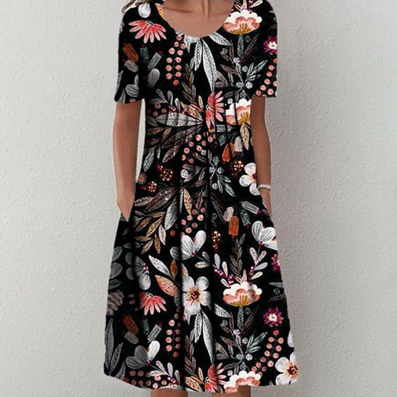 Женская мода лето весна однотонный принт с коротким рукавом и круглым вырезом с высокой талией повседневные платья
