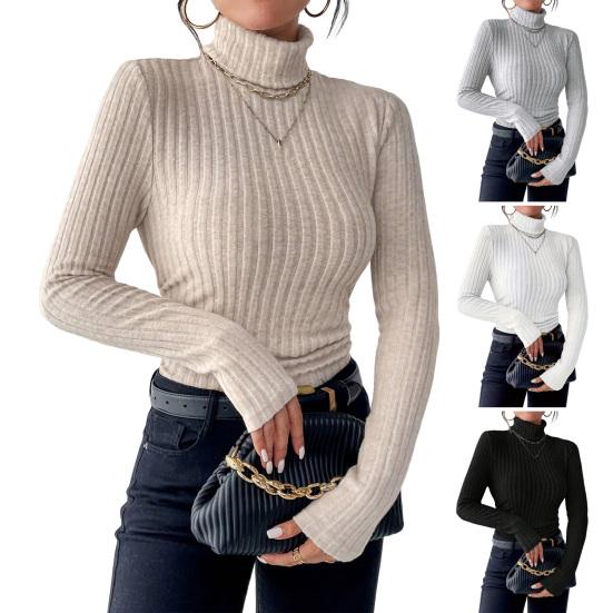 Женские вязаные топы с высоким воротником, с длинным рукавом, однотонный свитер, облегающий крой, топы с рубчатым низом, зимний трикотаж