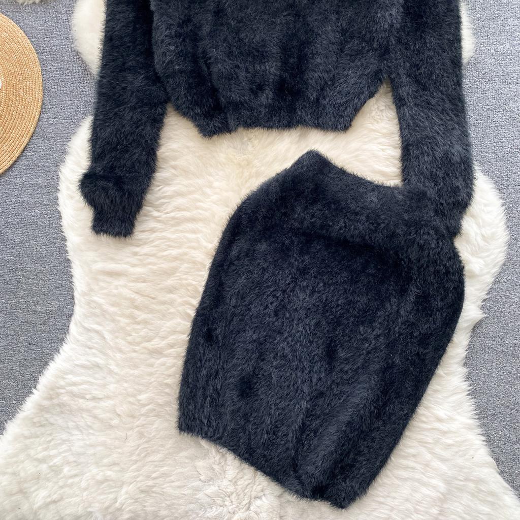 Осенний женский милый вязаный свитер из мохера, костюм с круглым вырезом, пуловер с длинными рукавами, топы + облегающая юбка-карандаш с высокой талией, женский однотонный комплект из двух предметов