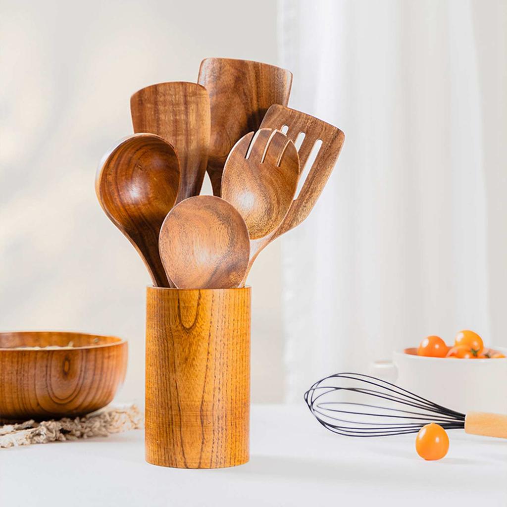 9 PCS Wooden Spoons For Cooking, Wooden Utensils For Cooking With Utensils Holder, Teak Wooden Kitchen Utensils Set