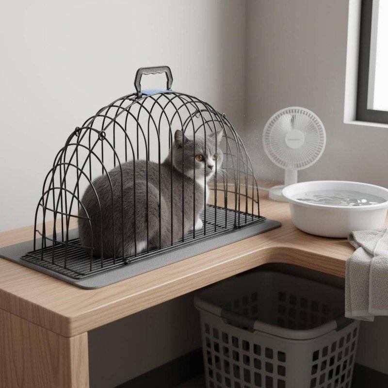 Portable Semi-circular Iron Cat Bath Cage Anti-scratch Anti-struggle Pet Drying Box For Cat Kitten Pet Grooming Supply