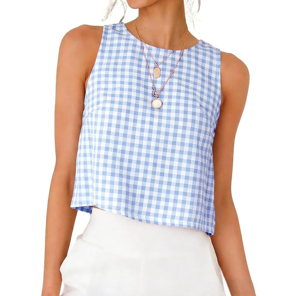 Summer New Women's Buttoned Crew Neck Sleeveless Plaid Cropped Tank Top for Leisure