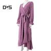 Women Spring Fall Dress Dot Applique Solid Color V Neck Belted Tight High Waist A Line Irregular Ruffle Hem Bohemian Flowy Wedding Party Maxi Dress