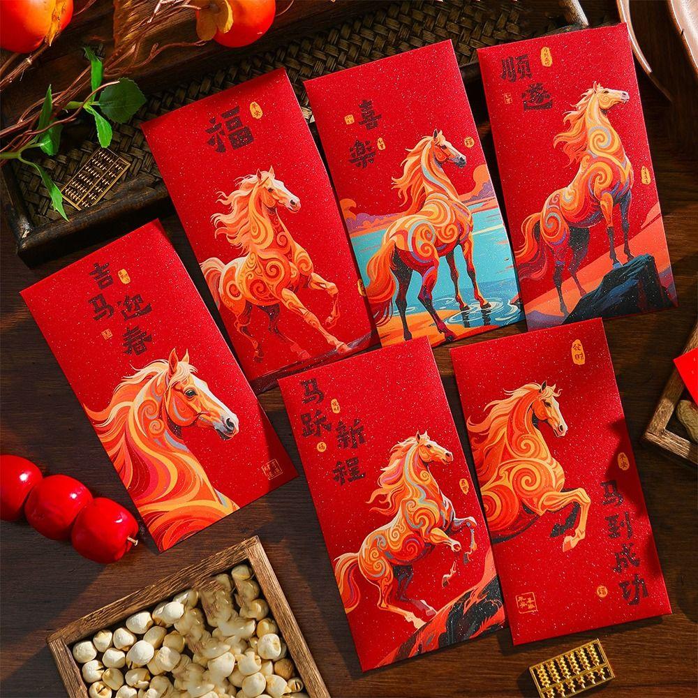 6pcs Cartoon Chinese New Year Red Envelope 2026 Horse Year Red Pocket Money Bag Marriage Ceremony