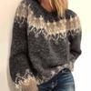 Women Autumn Winter Sweater Round Neck Stripe Print Knitting Sweater Patchwork Pullovers Casual Loose Fashion Long Sleeve Sweater