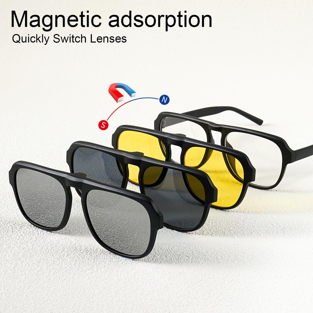 A New Set of Magnetic Clip-On Design Fashion Sunglasses, 1 Frame, and 3Interchangeable Lenses, Unisex New Circle Glasses Set