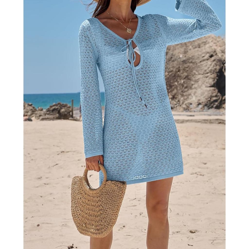 Women's V Neck Long Sleeve Crochet Mini Dress Bodycon Casual Beach Swimwear Cover Up