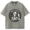 Skull Biye Black White Print Women's T-Shirt Washed Neutral Crew Neck Short Sleeve Vintage High Street Harajuku Style