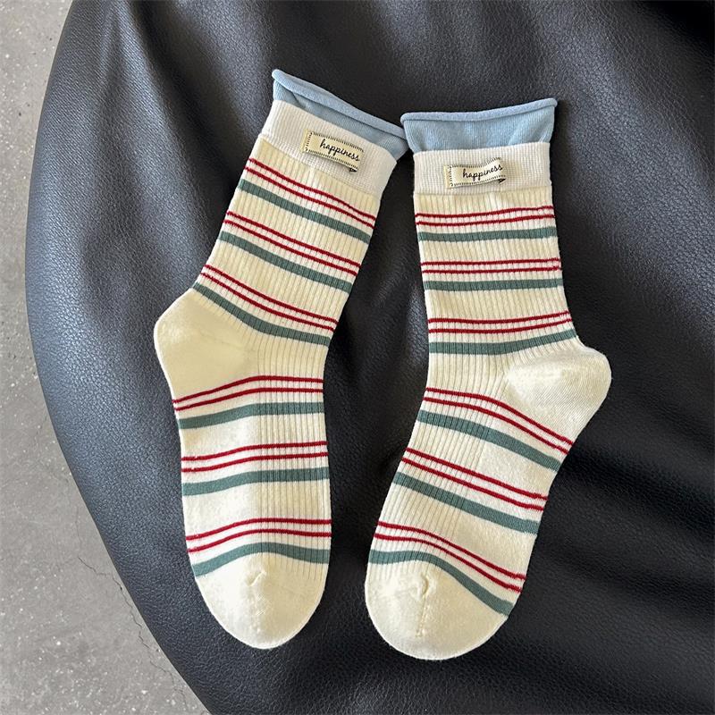 Женские осенние полосатые носки с контрастными цветами, с буквенной нашивкой, с декоративной строчкой, имитация двухслойных гольфов