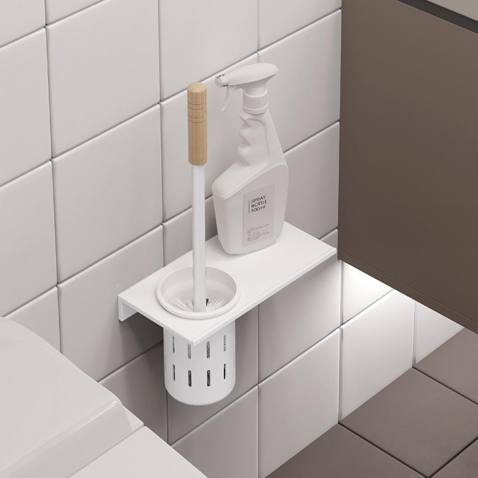 Walnut Toilet Brush Holder Set Wood Handle Wall Mounted Grey Gold Black White Aluminum Cup WC Brush Rack Kit with Storage Shelf