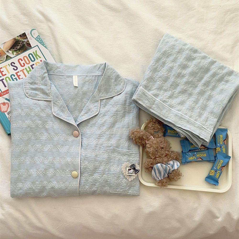 Love cat colored cotton grid pajamas women's spring and autumn long-sleeved trousers cardigan set loose break can wear loungewear