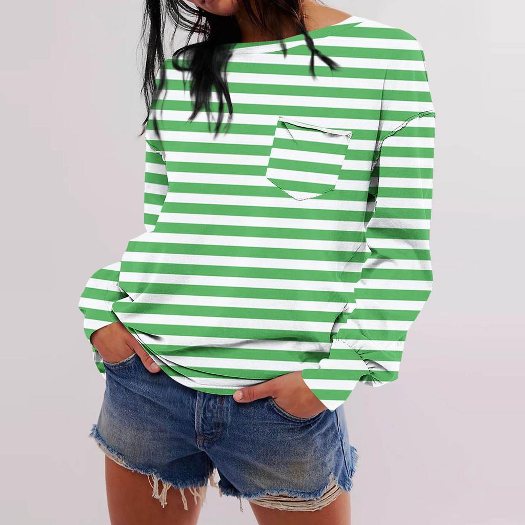 Женская мода с длинным рукавом, осенний полосатый принт, свободный топ с круглым вырезом и длинными рукавами