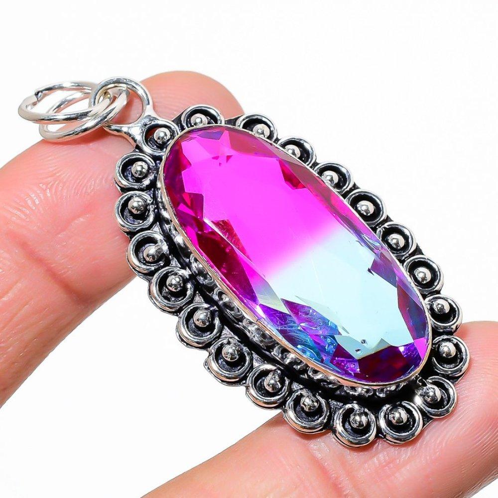 Bi-Color Tourmaline Gemstone 925 Sterling Silver Jewelry Pendant 2.36" h2D02