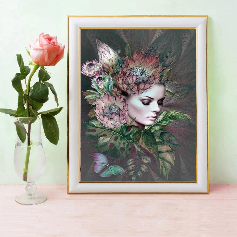 Алмазная картина, новый портрет женщины, Алмазная вышивка, вышивка крестиком, цветы, картины из стразов, мозаика, настенное искусство