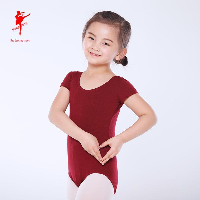 Red Children's Ballet Bodysuit - Short-Sleeve Cotton Leotard for Girls, Practice and Dancewear Style 5007