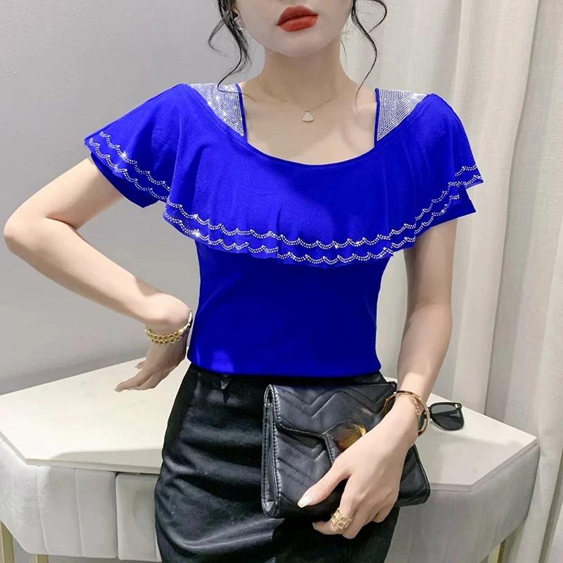 Summer Ruffles Hot Diamonds Square Collar T-Shirts Women Short Sleeved Mesh Tops Shirts Streetwear Girl Fashion Tees Blouse