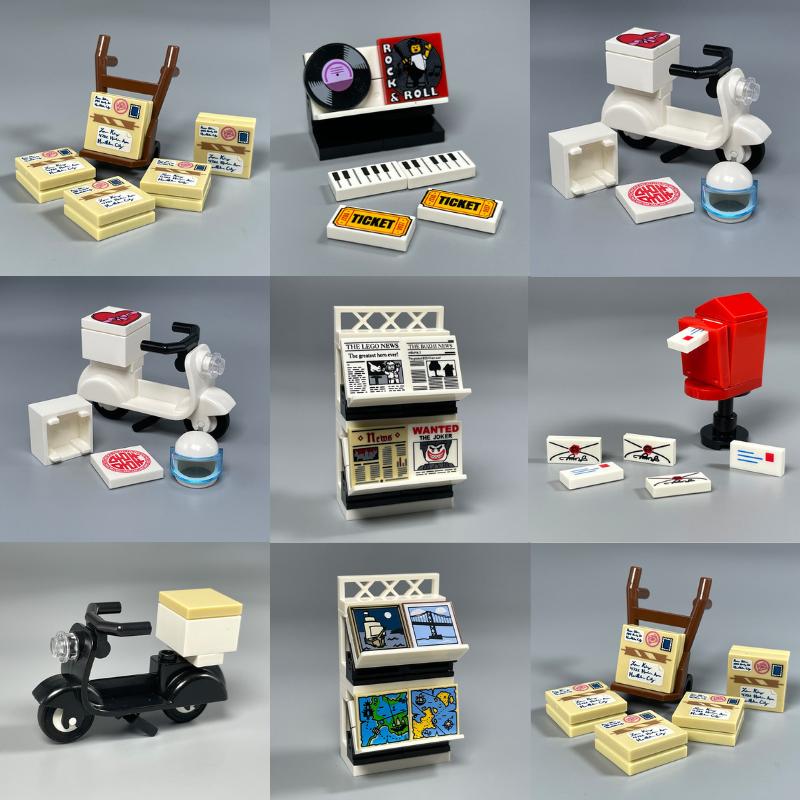 MOC Bricks Courier Delivers Presents Printed Gift Box Packages Newspaper Disc Mailbox Scooter Building Blocks Children's Toys