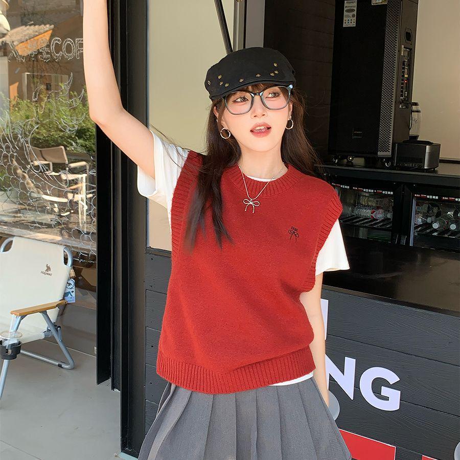 Женский вязаный жилет-свитер - Весна/Осень 2024 Маленький Без рукавов Многослойный топ