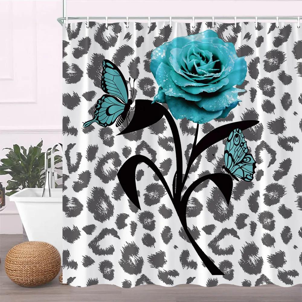 Modern Black Shower Curtain Set with Hooks-Black and White Shower Curtain for Bathroom Fabric Geometric Bath Curtains with Hoo