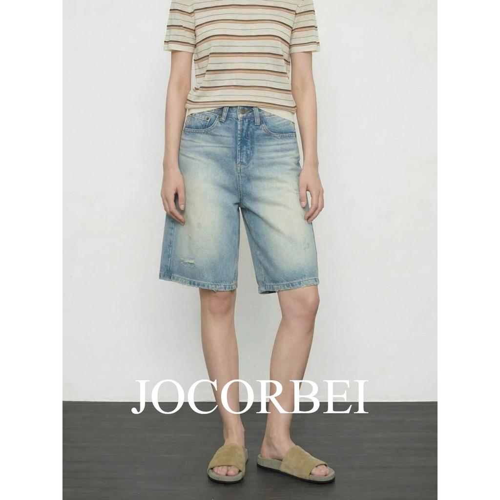 JOCORBEI Retro Ripped Cotton Distressed Straight Denim Shorts (Spring 2026)