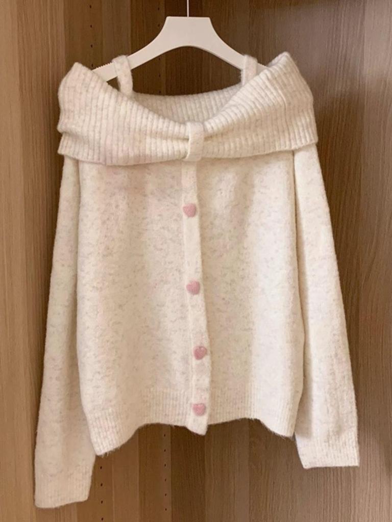 2025 Sweet Off-Shoulder Knit Sweater for Women - Korean Autumn/Winter Style