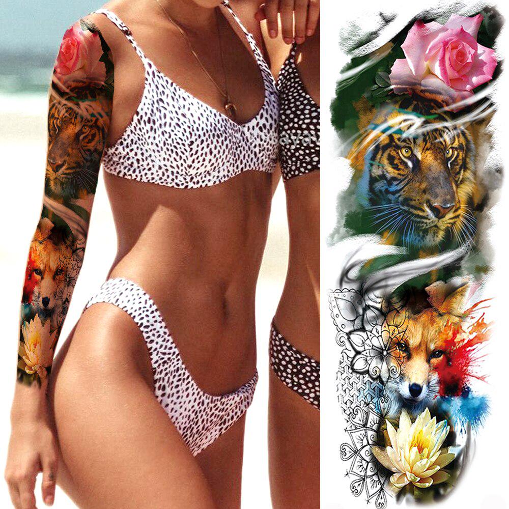 Sketch Compass Rose Flower Temporary Tattoos For Men Women Full Arm Sleeve Fake Tattoo Sticker Decor