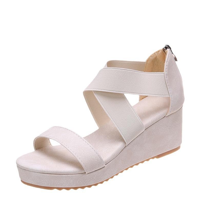 European and American Large Size Platform Roman Shoes 2025 Cross Strap One Word with Fish Mouth Rear Zipper Sandals Beige