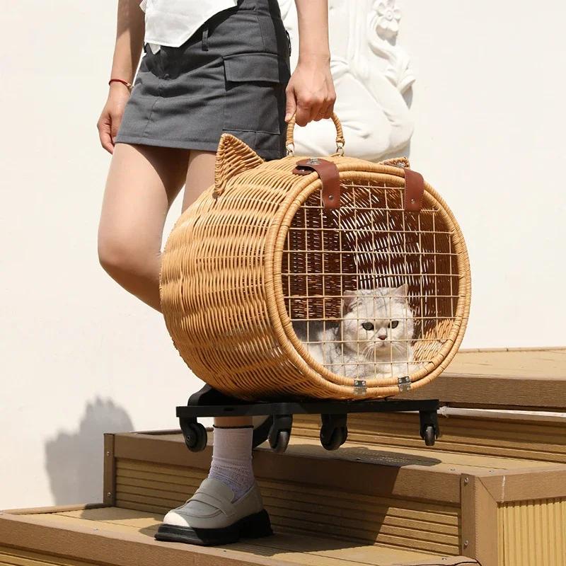 Cat and Dog Portable Outdoor pet Trolley case Bamboo Woven Suitcase,Anti Stress cat Backpack-Cat Head Trolley Box-Rattan Weaving