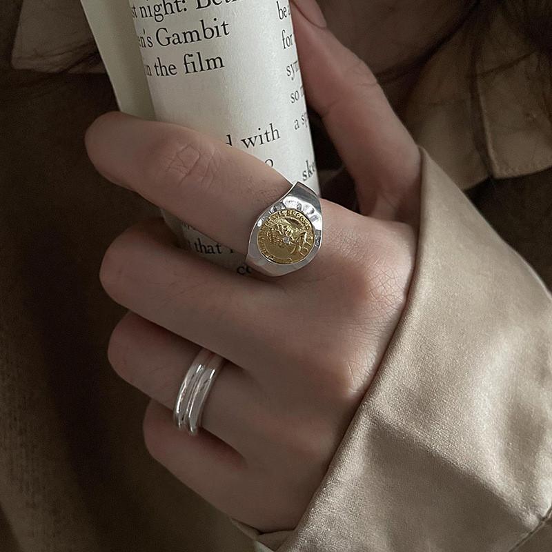 Stylish Adjustable Geometric Ring For Women Featuring Unique Coin Design And Two-tone Colors