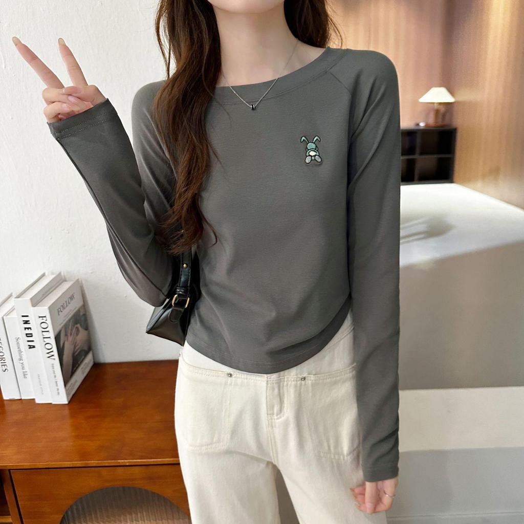 Женский топ из хлопка с длинными рукавами и круглым вырезом, осень 2024 года, вышитый