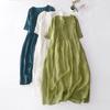 Retro Design Organ Pleated Cotton and Linen Dress Women's Solid Color V-neck Ramie Cool and Thin Long Dress Children