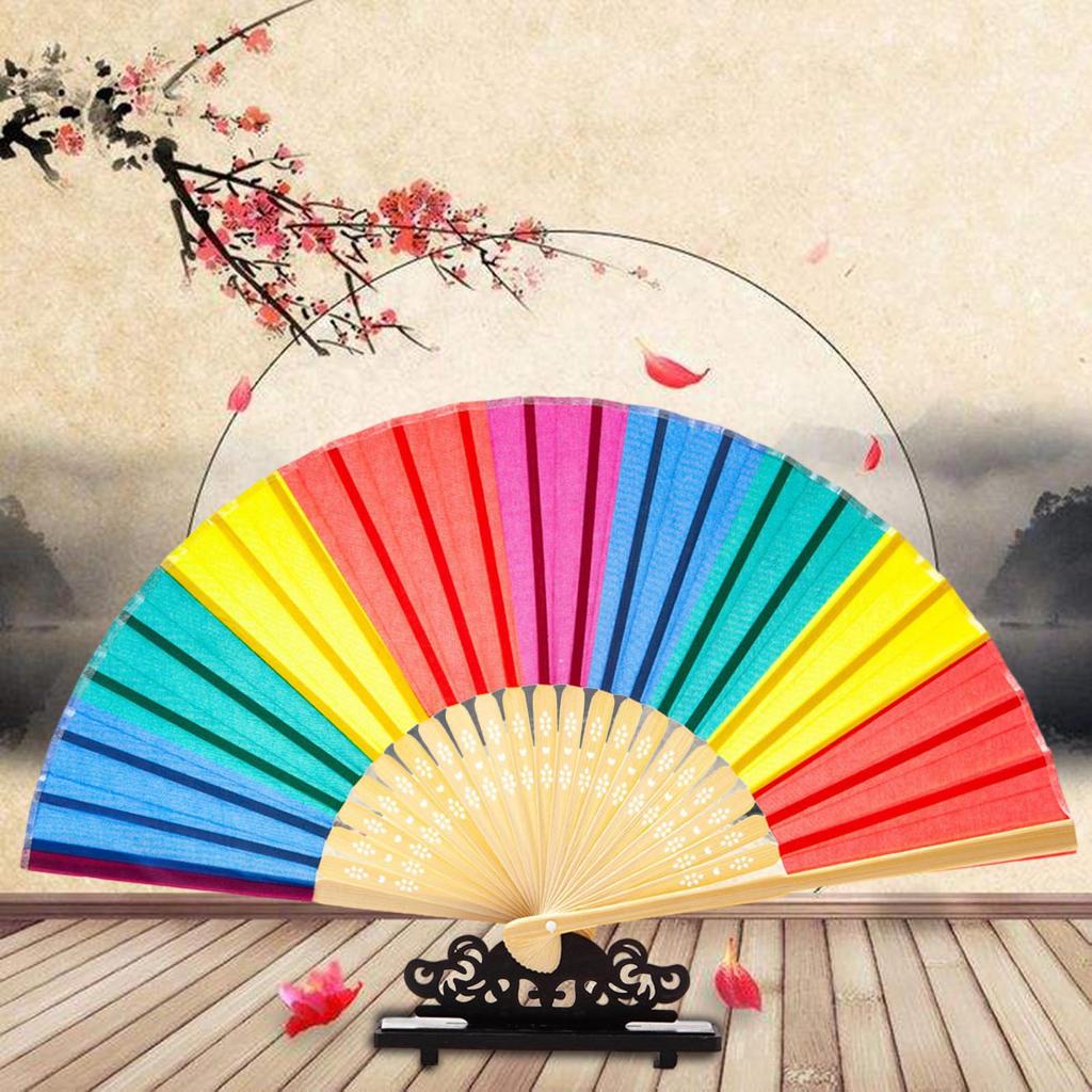 Rainbow Hand Fans Colorful Hand Held Fan Chinease Folding Hand Fan Hand Rave Fan Durable Cloth with Sturdy Bamboo Handle