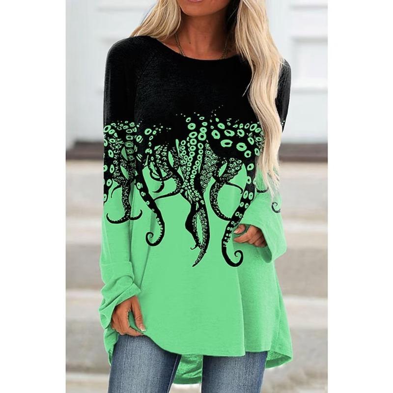 Зимняя футболка с длинным рукавом, модная женская одежда, футболка с круглым вырезом и длинным рукавом, трендовый топ с принтом, осенняя свободная футболка