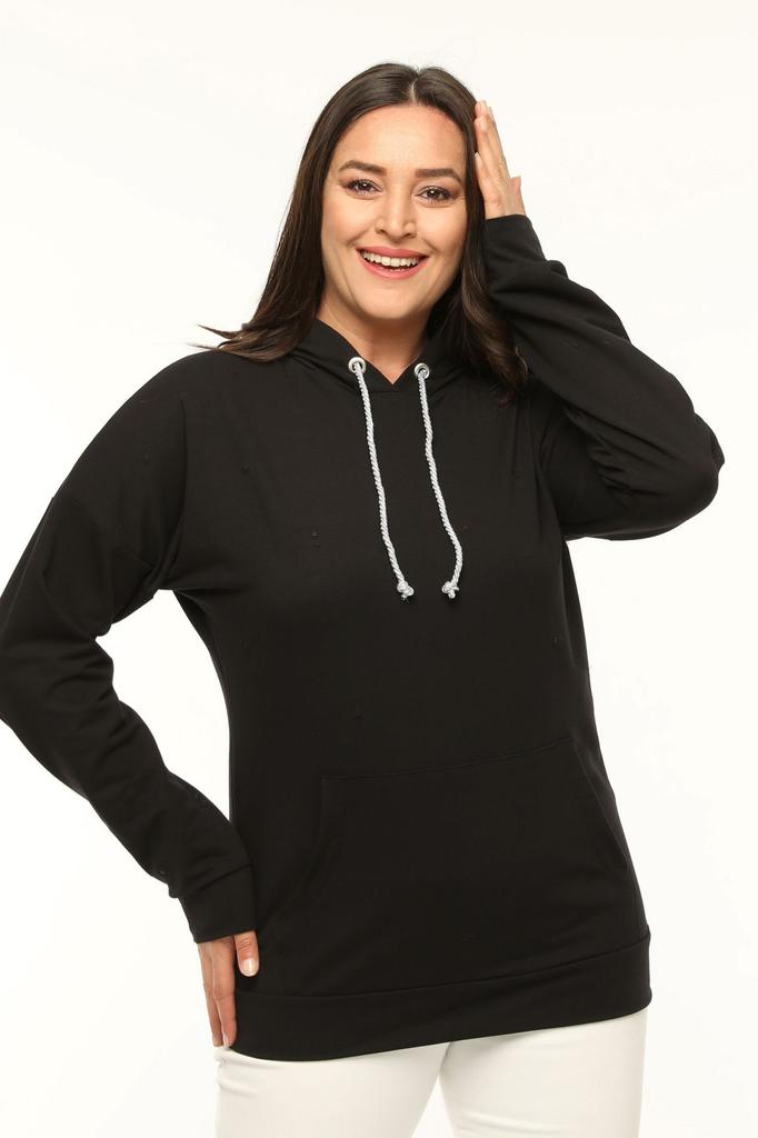 Women's Style Big Size Sweatshirt Plus Size Hooded Glitter Lace-Up Pocket Sweatshirt
