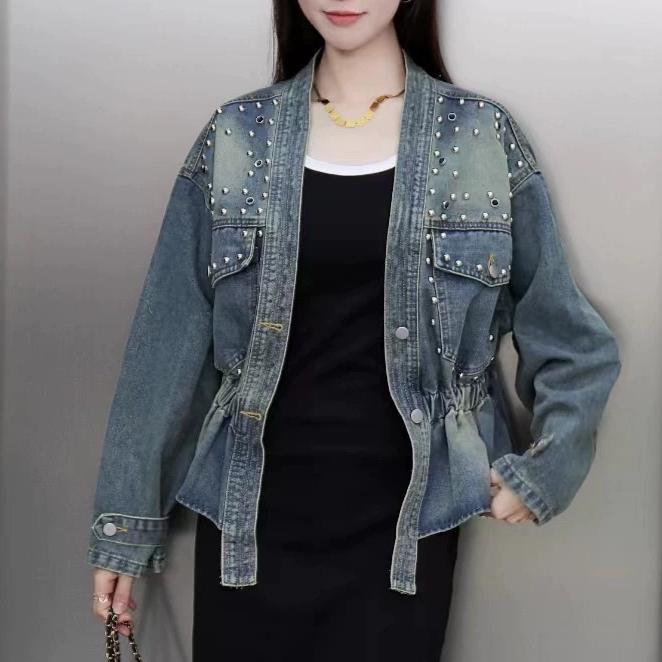 Autumn and Winter Retro Design Sense of the New Loose Short Heavy Riveted Beads Loose Denim Jacket